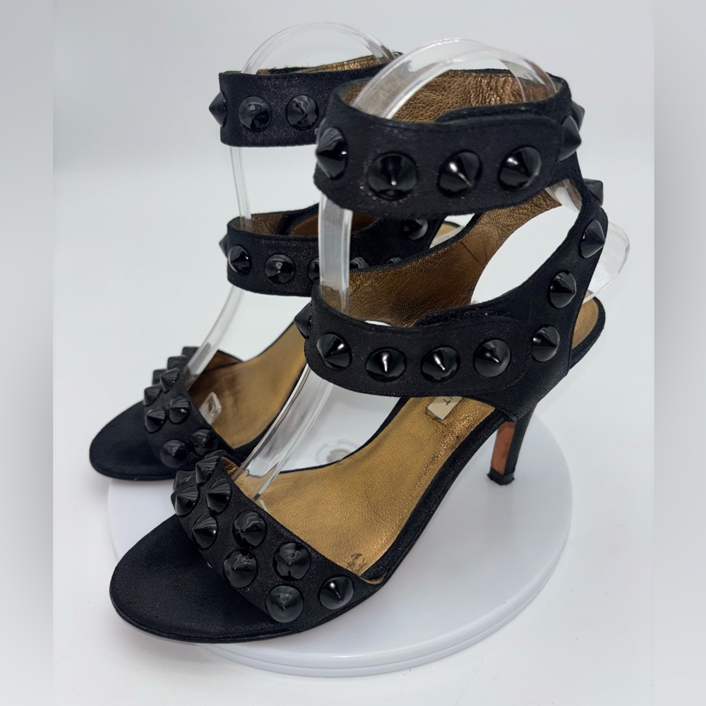 CYNTHIA VINCENT Black Strappy Heel Shoe Studded Hook Loop Sexy Ankle Wedding 6.5 - Picture 4 of 10